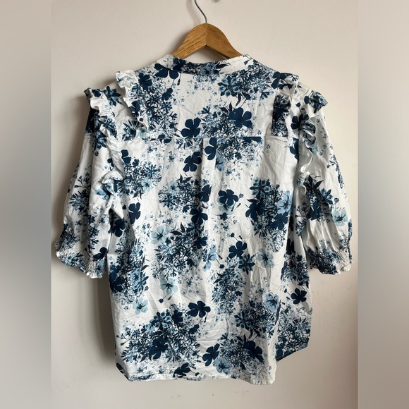 ERDEM X Universal Standard Blue and White Floral Poplin Ruffled Blouse - Picture 10 of 13